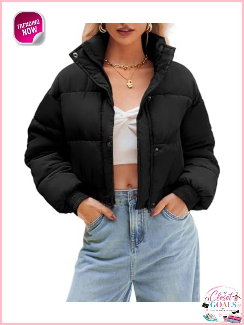 Women's Cropped Quilted Puffer Jacket Warm Lightweight Stand Collar Zip Snap